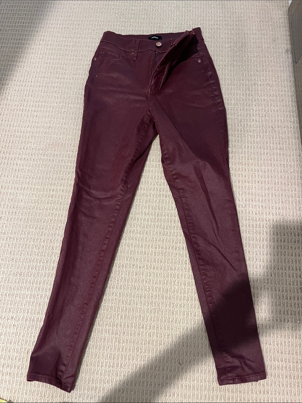 Express Coated Skinny Jeans in Deep Burgundy